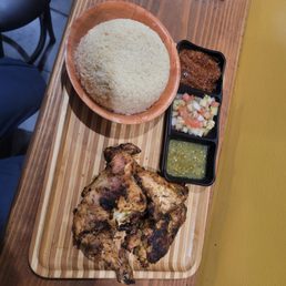 My dinner: half roasted chicken, hot sauce (green), cassava My dinner: half roasted chicken, hot sauce (green), cassava