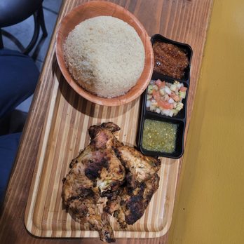 La Braise African Grill - My dinner: half roasted chicken, hot sauce (green), cassava - African Near Me - Springfield, New Jersey La Braise African Grill - My dinner: half roasted chicken, hot sauce (green), cassava - African Near Me - Springfield, New Jersey
