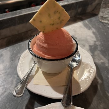 Barbuzzo - Blood orange sorbet with a rosemary cracker - Mediterranean Near Me - Philadelphia, Pennsylvania