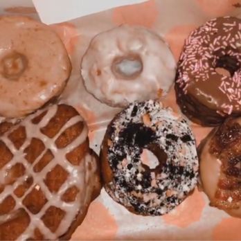 Five Daughters Bakery - I cannot remember all of them names but the top left is maple syrup, vanilla, chocolate with sprinkles, peach, parent trap, and bacon! - Donuts Near Me - Atlanta, Georgia Five Daughters Bakery - I cannot remember all of them names but the top left is maple syrup, vanilla, chocolate with sprinkles, peach, parent trap, and bacon! - Donuts Near Me - Atlanta, Georgia