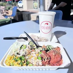 Medium poke with spicy tuna and salmon + medium fountain drink
