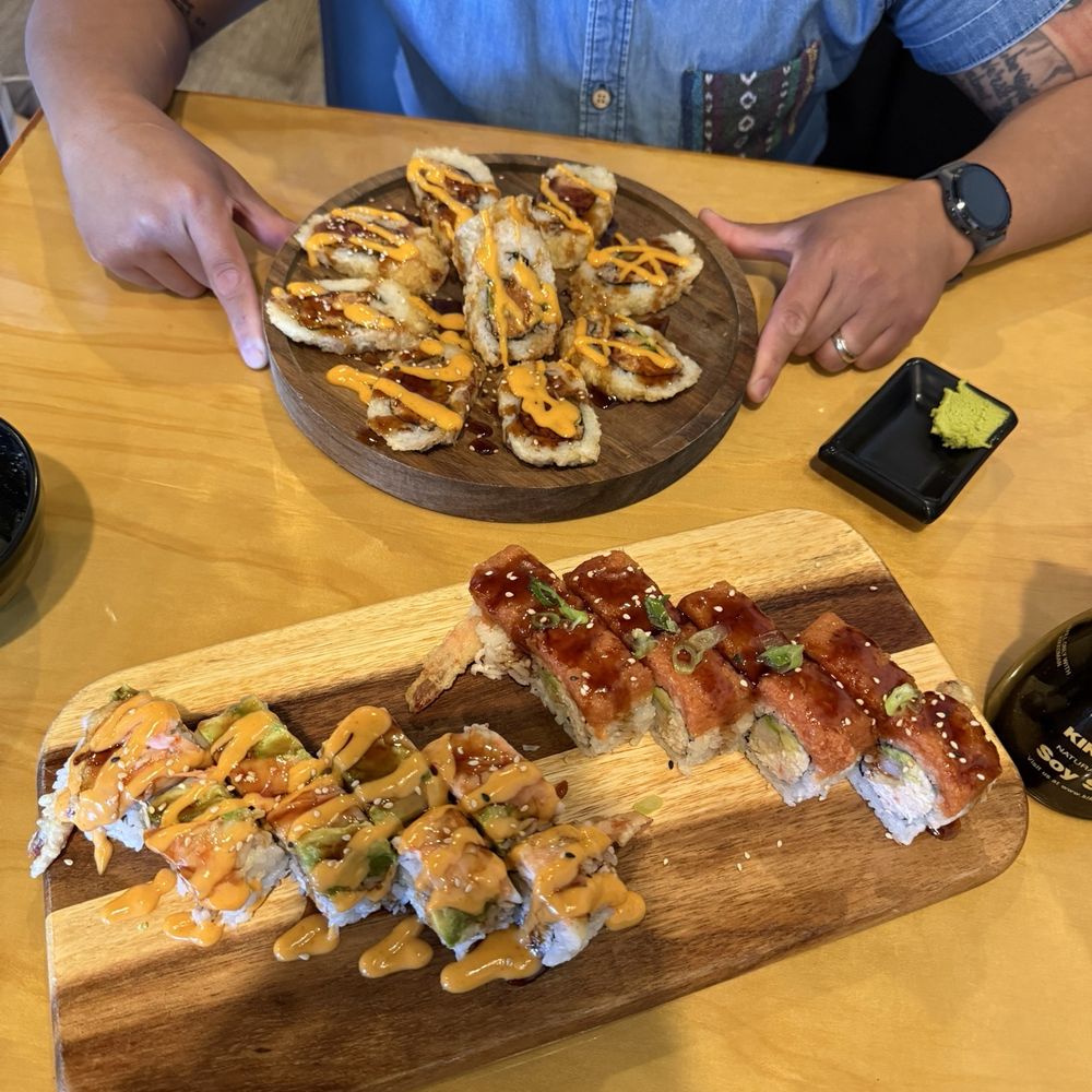 Tiger roll, forever roll and spicy tuna tempura roll Tiger roll, forever roll and spicy tuna tempura roll