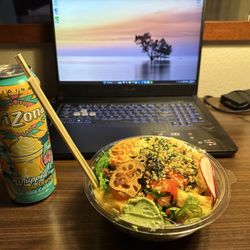 Poke bowl with fresh delicious salmon.