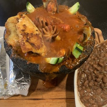Mariscos El Picudo - Cooked Seafood Molcajete with whole beans and homemade corn tortillas - Mexican Near Me - Visalia, California Mariscos El Picudo - Cooked Seafood Molcajete with whole beans and homemade corn tortillas - Mexican Near Me - Visalia, California