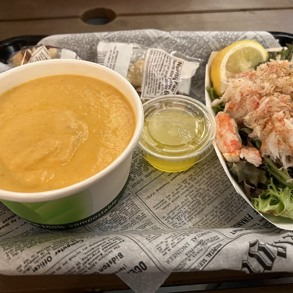 Lobster West - Lobster bisque, and Crab Meat on lettuce (as substitute for a roll) - Seafood Near Me - Encinitas, California Lobster West - Lobster bisque, and Crab Meat on lettuce (as substitute for a roll) - Seafood Near Me - Encinitas, California