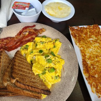 Zorba's Diner - Mini breakfast- 2 scrambled eggs added green peppers and onions, bacon hashbrowns, added $4 side of grits - Breakfast & Brunch Near Me - Columbus, Ohio Zorba's Diner - Mini breakfast- 2 scrambled eggs added green peppers and onions, bacon hashbrowns, added $4 side of grits - Breakfast & Brunch Near Me - Columbus, Ohio