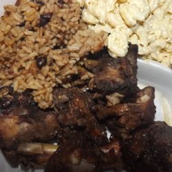 3 J's Cuisine - Jerk chicken, dirty rice, mac salad