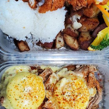 Aloha Stacks - Chicken katsu lunch plate and Kalua pork benedict with seasoned potatoes - Pancakes Near Me - Cerritos, California Aloha Stacks - Chicken katsu lunch plate and Kalua pork benedict with seasoned potatoes - Pancakes Near Me - Cerritos, California