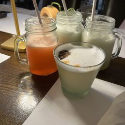 Amazing drinks! Pisco sour, pink lemonade, coconut lemonade and pineapple juice.
