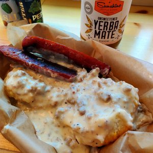 Photo of Beachin’ Biscuits - Pismo Beach, CA, United States. Sausage gravy biscuit w/ linguisa
