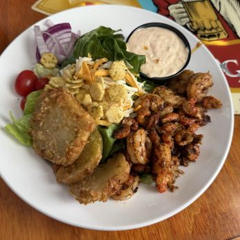 Bayou Banner Elk - The Salad Evangeline - greens, shrimp, crawfish, seasoned cracker croutons, and fried green tomatoes served with remoulade for dressing. - Smokehouse Near Me - Banner Elk, North Carolina Bayou Banner Elk - The Salad Evangeline - greens, shrimp, crawfish, seasoned cracker croutons, and fried green tomatoes served with remoulade for dressing. - Smokehouse Near Me - Banner Elk, North Carolina