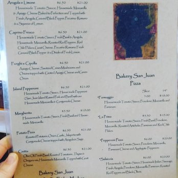 Bakery San Juan - Pizza menu,  the slices are a quarter of a pizza - Bakeries Near Me - Friday Harbor, Washington
