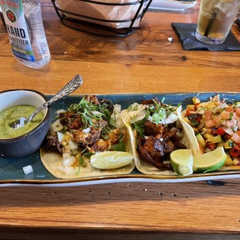 Sazón - Vampiro, Pastor, and Veggie tacos left to right - Mexican Near Me - Lone Tree, Colorado