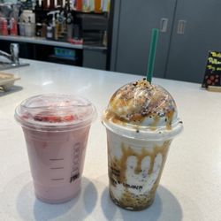 Starbucks - Pink drink, and a crème Frappuccino with caramel drizzle, hazelnut syrup, and cookie crumbles.