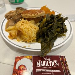 Chef Marilyn's - Smothered Chicken Wing/Leg/Thigh, Macaroni & Cheese, Candied Yams, Collard Greens, and Sweet Potato Pie.