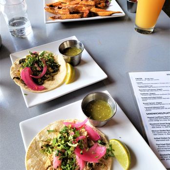 Woodstock Brewing - Woodstock Smash Burger with Fries  Brussel Sprouts Taco & Smoked Chicken Taco - Breweries Near Me - Phoenicia, New York