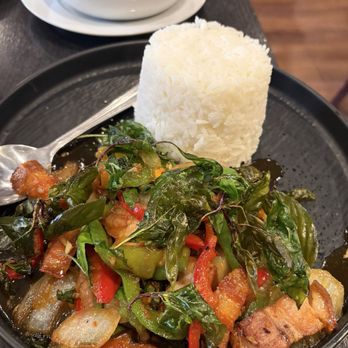 Emporium Thai - Thai Basil Crispy Pork over rice - Thai Near Me - Los Angeles, California Emporium Thai - Thai Basil Crispy Pork over rice - Thai Near Me - Los Angeles, California