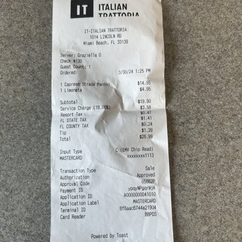IT Italian Trattoria - Receipt - Pizza Near Me - Miami Beach, Florida IT Italian Trattoria - Receipt - Pizza Near Me - Miami Beach, Florida