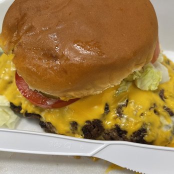 Two 'Ol Chefs - Double smashburger.  Knife for size perspective. - Food Trucks Near Me