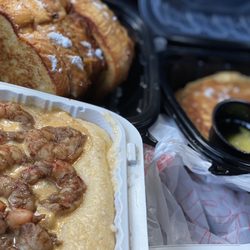 The Brunch Gods - Shrimp & Grits Bacon, Egg & Cheese pancakes Apple filling French Toast