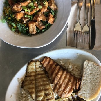 California Fish Grill - Top: cilantro lime salmon bowl Bottom: salmon + swai grilled speciality with grilled zucchini and rice - Seafood Near Me - Brea, California California Fish Grill - Top: cilantro lime salmon bowl Bottom: salmon + swai grilled speciality with grilled zucchini and rice - Seafood Near Me - Brea, California