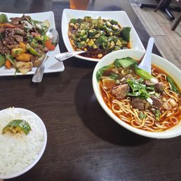 Left to right: beef stir fry, cucumber spicy salad, and beef noodles Left to right: beef stir fry, cucumber spicy salad, and beef noodles