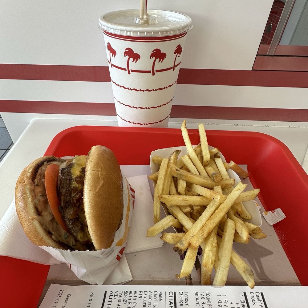 In-N-Out Burger - My off menu extra large chocolate shake, fresh cut fries, cheese burger loaded with onions - Burgers Near Me - El Segundo, California In-N-Out Burger - My off menu extra large chocolate shake, fresh cut fries, cheese burger loaded with onions - Burgers Near Me - El Segundo, California