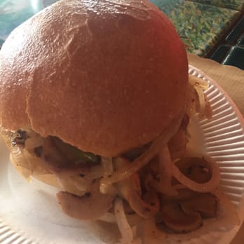 Martell's Tiki Bar - Burger with canned mushrooms - Tiki Bars Near Me - Point Pleasant, New Jersey