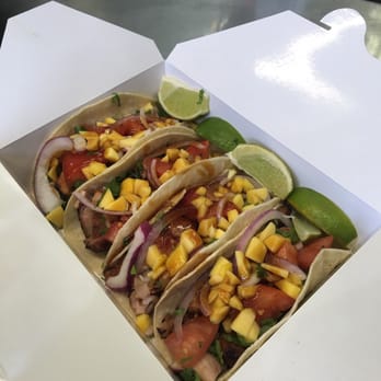 Hana Kitchen - 4 Teriyaki mango tacos beautifully presented - Bubble Tea Near Me - Santa Barbara, California