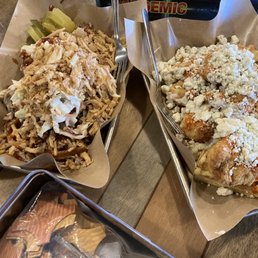 Left: pulled pork waffle // Right: buffalo chicken waffle Left: pulled pork waffle // Right: buffalo chicken waffle