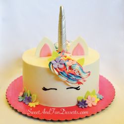 Sweet  And Fun Desserts - Unicorn Cake in buttercream with marshmallow fondant horn, ears and flower accents