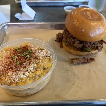 Smok Barbecue - Chopped Brisket Sandwich and creamed corn - Barbeque Near Me - Denver, Colorado Smok Barbecue - Chopped Brisket Sandwich and creamed corn - Barbeque Near Me - Denver, Colorado