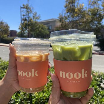 Nook coffee bar - Iced honey Oatmilk latte and a Iced matcha latte with Oatmilk + agave - Coffee & Tea Near Me - Rancho Cucamonga, California Nook coffee bar - Iced honey Oatmilk latte and a Iced matcha latte with Oatmilk + agave - Coffee & Tea Near Me - Rancho Cucamonga, California