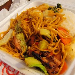 Chicken Yakisoba - noodles, veggies such as gai lan, carrots; scoop off rice, and (a little too) grilled chicken. Chicken Yakisoba - noodles, veggies such as gai lan, carrots; scoop off rice, and (a little too) grilled chicken.