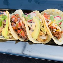 Atos  Cuisine - Tacos sampler- shrimp, beef- chicken-and vegan seasoned jackfruit