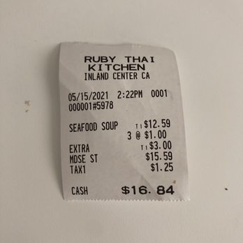 Ruby Thai Kitchen - the receipt for ruby thai - Thai Near Me - San Bernardino, California