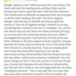 Posted my Michelle Williams owner of the gifted psychic. False feedback.