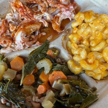 Sweet P’s BBQ Downtown Dive - Chicken platter (hot sauce on top) with Mac and cheese and Greens and Things sides. - New American Near Me - Knoxville, Tennessee Sweet P’s BBQ Downtown Dive - Chicken platter (hot sauce on top) with Mac and cheese and Greens and Things sides. - New American Near Me - Knoxville, Tennessee