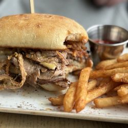 Pelican Brewing - Siletz Bay - Tri tip sandwich with beer battered fries.