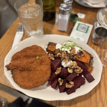 Westville - Breaded Chicken Cutlet, Beets with Goat Cheese And Walnuts, & Roasted Sweet Potatoes with Sour Cream & Scallions - American Near Me - New York, New York Westville - Breaded Chicken Cutlet, Beets with Goat Cheese And Walnuts, & Roasted Sweet Potatoes with Sour Cream & Scallions - American Near Me - New York, New York