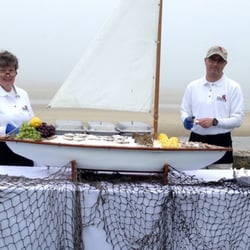 New England Clam Jams - Sailboat Raw Bar here on waters edge on a foggy evening.