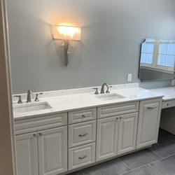 Ashley Construction - Bathroom Remodel Custom Glacier Solid Wood Soft Close Vanity With Quartz Countertop