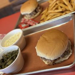 Red Top Barbecue - Pork sandwiches, Cole slaw, turnip greens and fries.