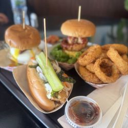 Boba Burger - Tokyo Dog, BBQ Lechon Burger, Seoul Burger, Onion Rings