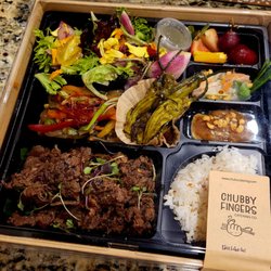Chubby Fingers Catering - Doshirak with bulgogi, roasted shishito peppers, yuzu salad, jap chae (korean glass noodle dish), shrimp spring roll.