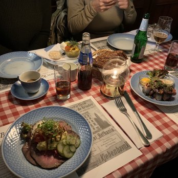 Frk. Barners Kælder - Roast Beef (left bottom), pickled herring (right) curry-herring (left top corner) - Danish Near Me - Copenhagen, 84 Frk. Barners Kælder - Roast Beef (left bottom), pickled herring (right) curry-herring (left top corner) - Danish Near Me - Copenhagen, 84