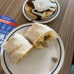 Breakfast burrito and cinnamon roll pancakes