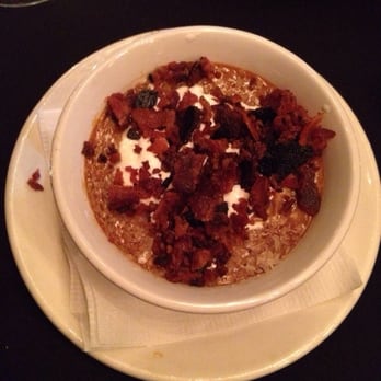 Cork & Fork - Butterscotch Pot Du Creme Crème fraîche, maldon flake sea salt Extra Applewood bacon - New American Near Me - Indio, California