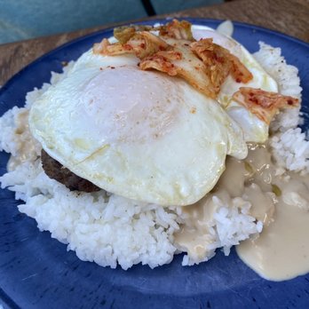 Countryside Cafe - Local Moke-e: Homemade hamburger patty on a bed of rice, topped in gravy, with eggs and kimchee. - Breakfast & Brunch Near Me - Waianae, Hawaii Countryside Cafe - Local Moke-e: Homemade hamburger patty on a bed of rice, topped in gravy, with eggs and kimchee. - Breakfast & Brunch Near Me - Waianae, Hawaii