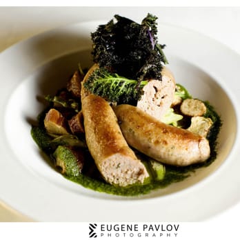 Sybaris Bistro - House made Weisswurst, Asparagus-pretzel Salad, Lemon-marrow-mustard Custard. - New American Near Me - Albany, Oregon Sybaris Bistro - House made Weisswurst, Asparagus-pretzel Salad, Lemon-marrow-mustard Custard. - New American Near Me - Albany, Oregon